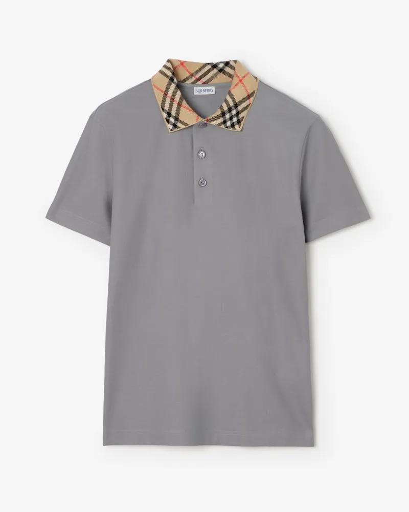 Burberry Baumwoll-Poloshirt mit Check-Kragen , Size Rainy-grau