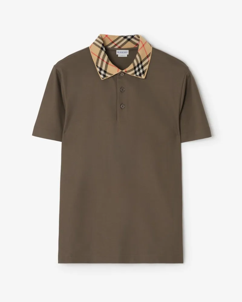 Burberry Baumwoll-Poloshirt mit Check-Kragen , Size Sepia