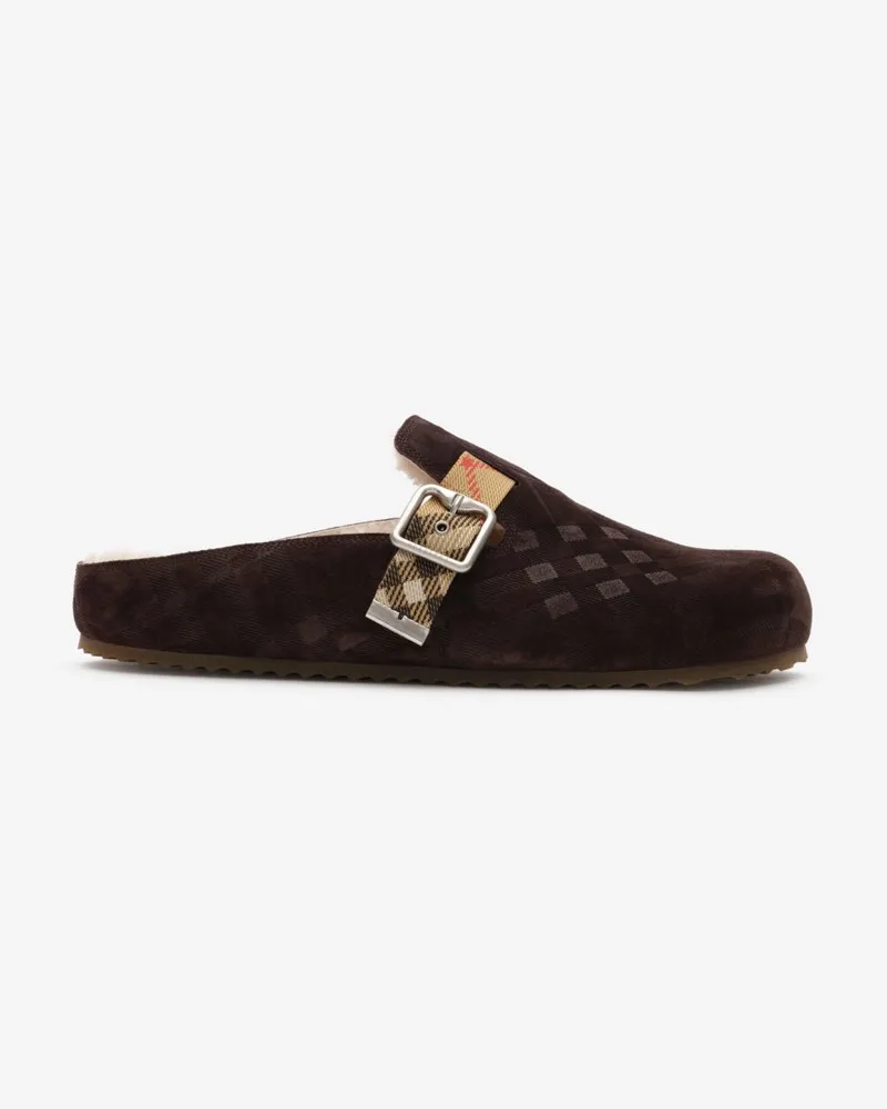 Burberry Lammfell-Clogs „Urchin“ in Check , Size Moorhen-braun