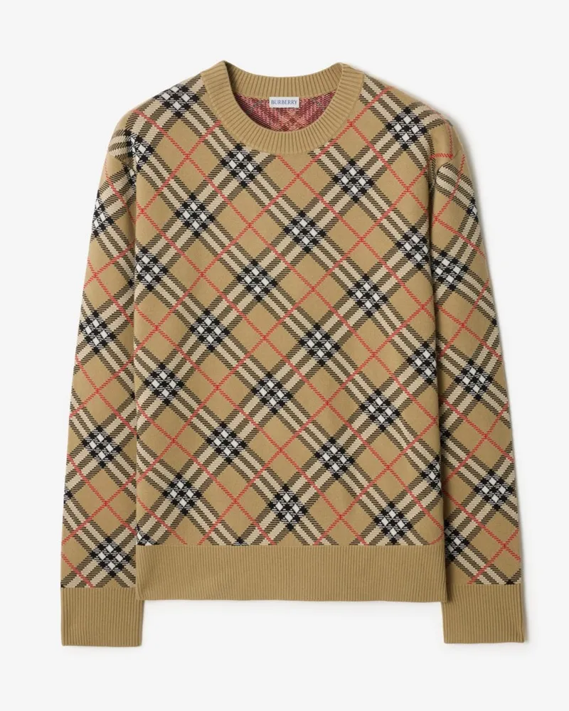 Burberry Baumwoll-Wollpullover in Check Sand-beige