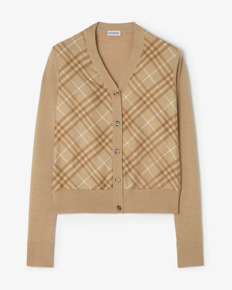 Burberry Woll-Seiden-Cardigan mit Karopanel Camelfarben