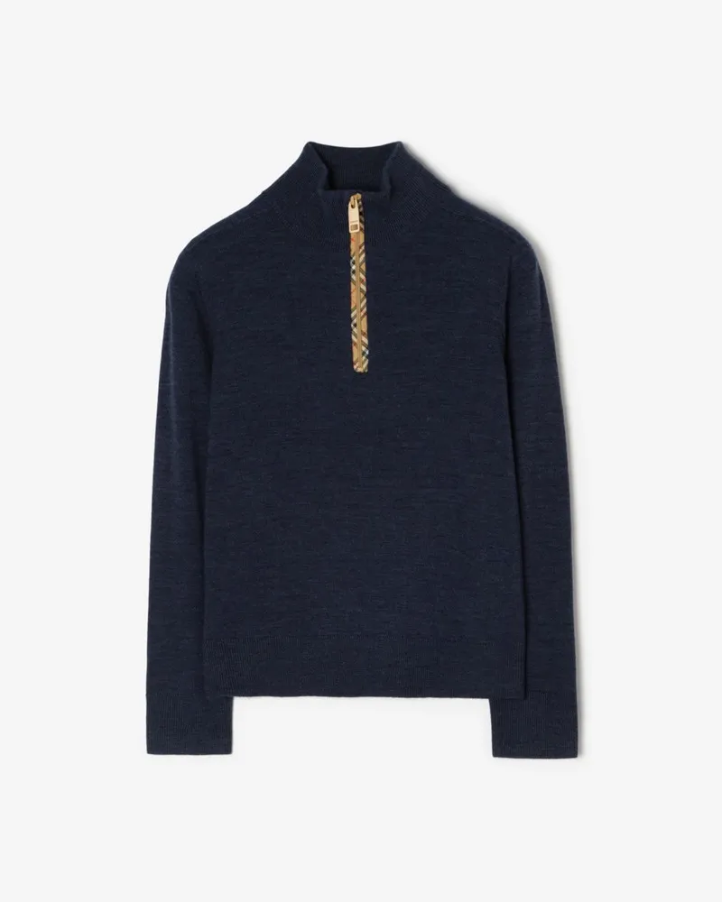 Burberry Wollpullover mit Check-Besatz und halblangem Reißverschluss , Size Dunkles