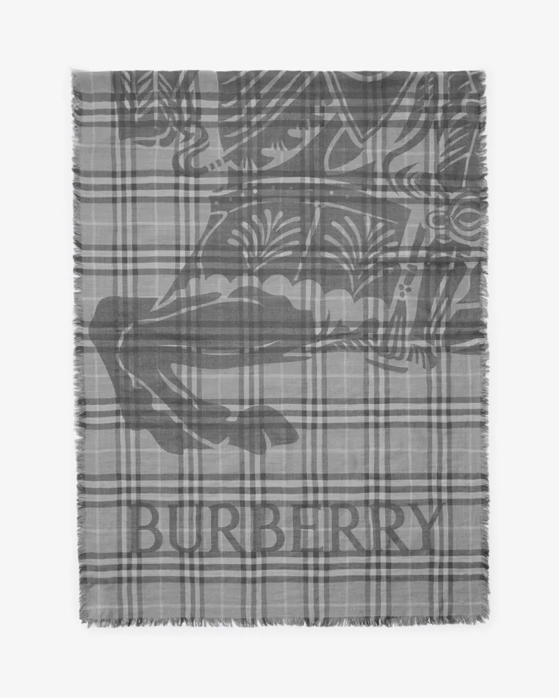 Burberry Breiterer Woll-Seiden-Schal in Check mit EKD-Motiv Mitten-grau