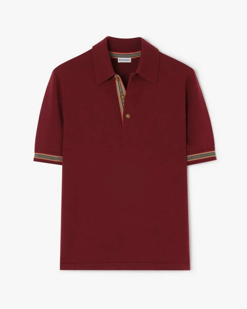 Burberry Woll-Poloshirt mit Streifenbesatz , Size Carmine-rot