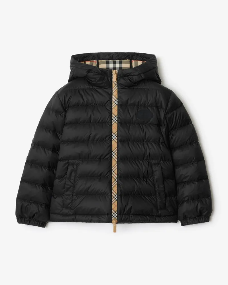 Burberry Wattierte Nylon-Kapuzenjacke mit Check-Streifen , Size Black