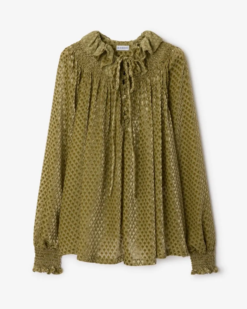 Burberry Seidenmisch-Samtbluse mit Fackelmuster Cricket-gelb