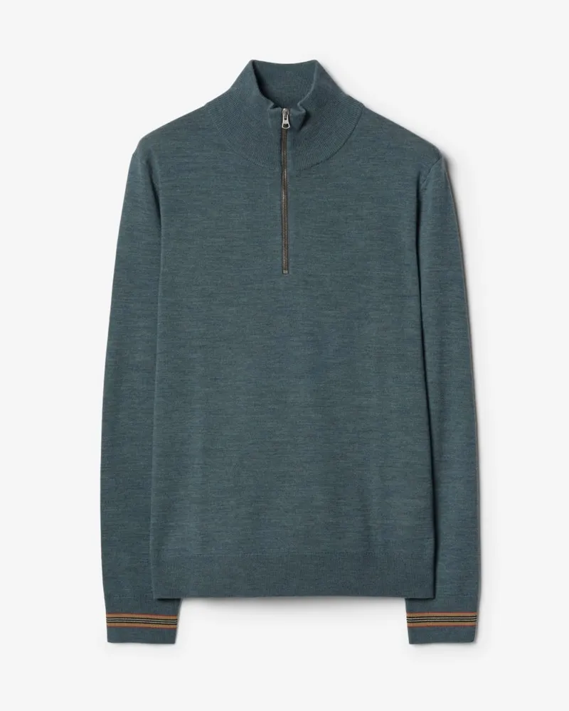 Burberry Wollpullover mit halblangem Reißverschluss und Streifen-Besatz , Size Meliertes