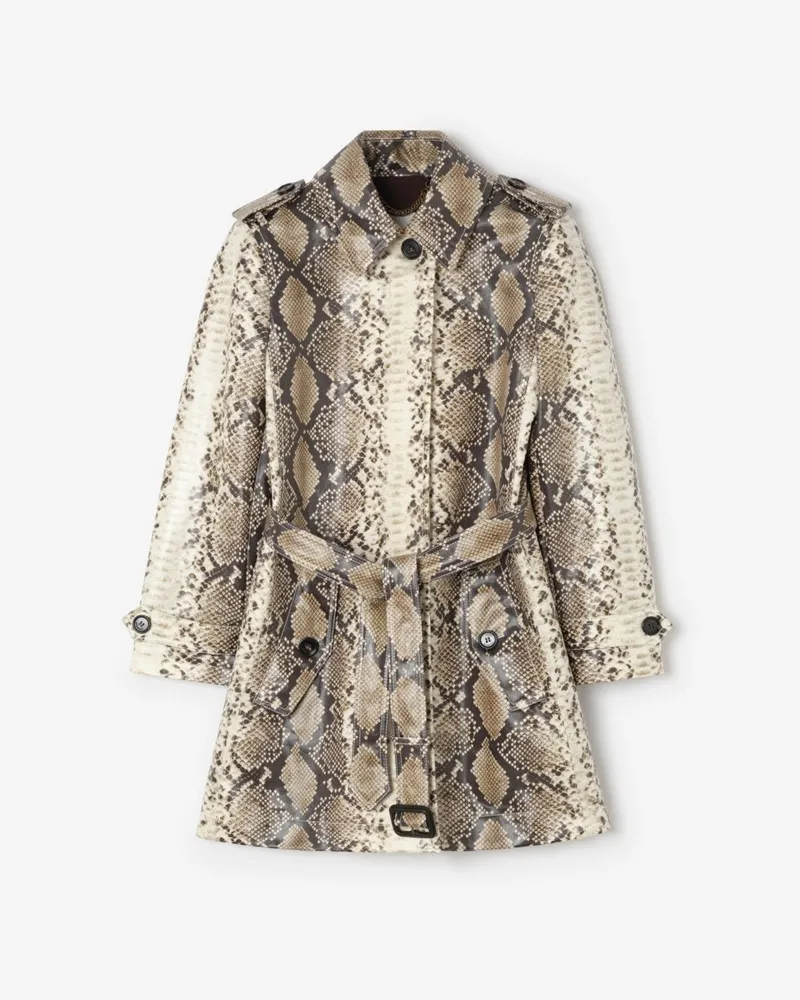 Burberry Kurzer Car Coat „Stonehaven“ aus beschichteter Baumwolle mit Pythonmuster , Size White