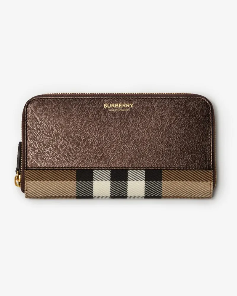 Burberry Große Lederbrieftasche mit Check und Reißverschluss Bronze-braun