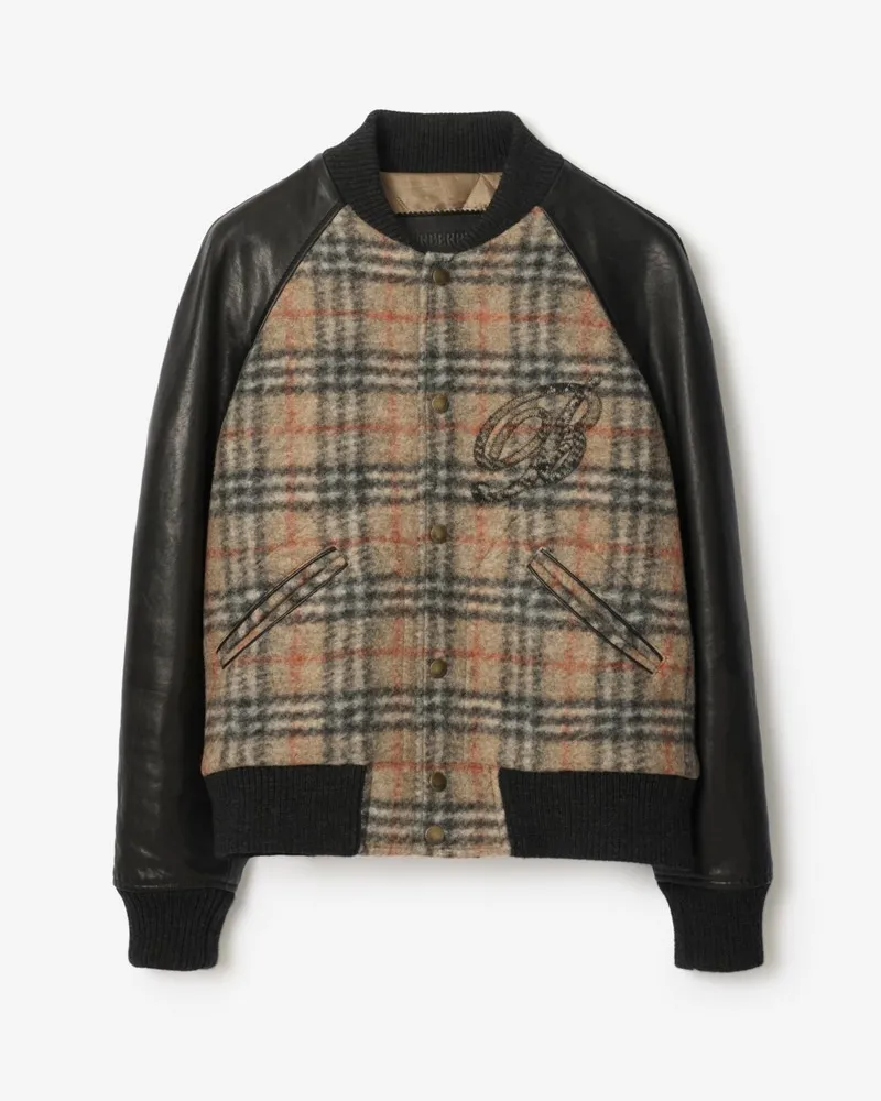 Burberry Woll-Leder-Bomberjacke in Check , Size Sand-beige