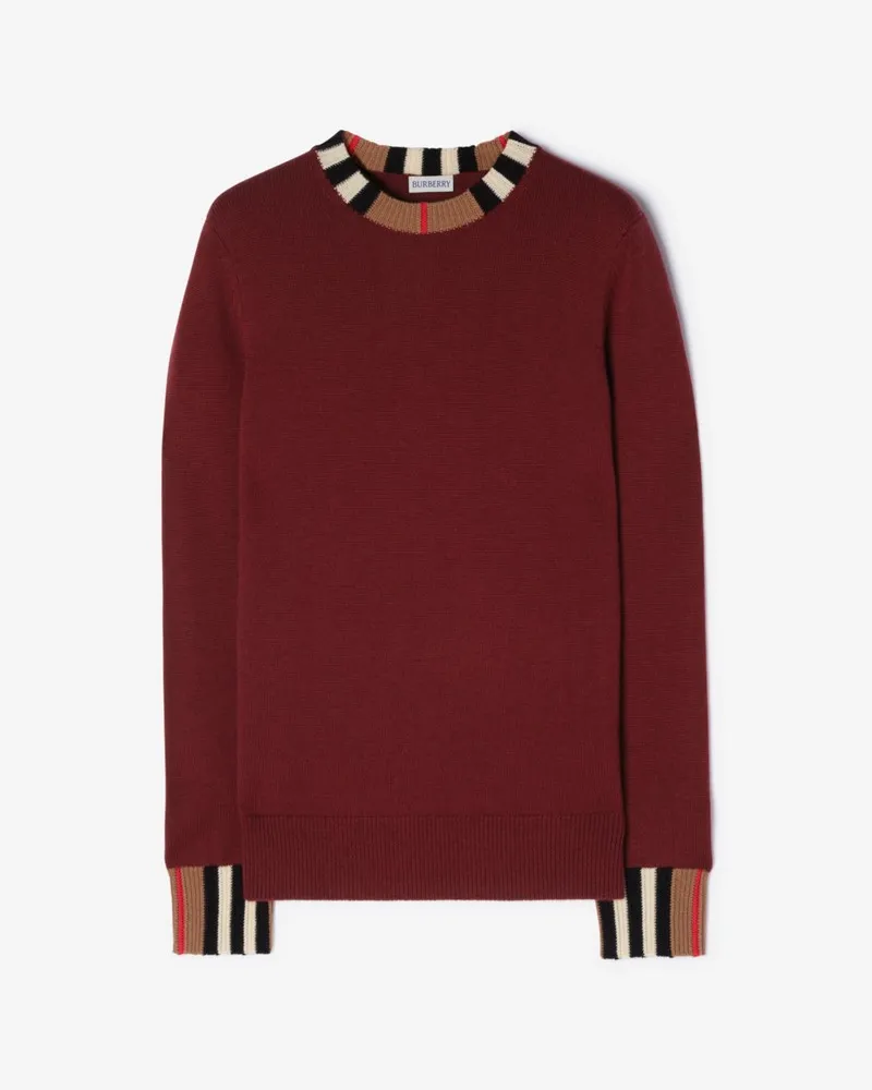 Burberry Woll-Kaschmir-Pullover mit Streifenbesatz , Size Carmine-rot