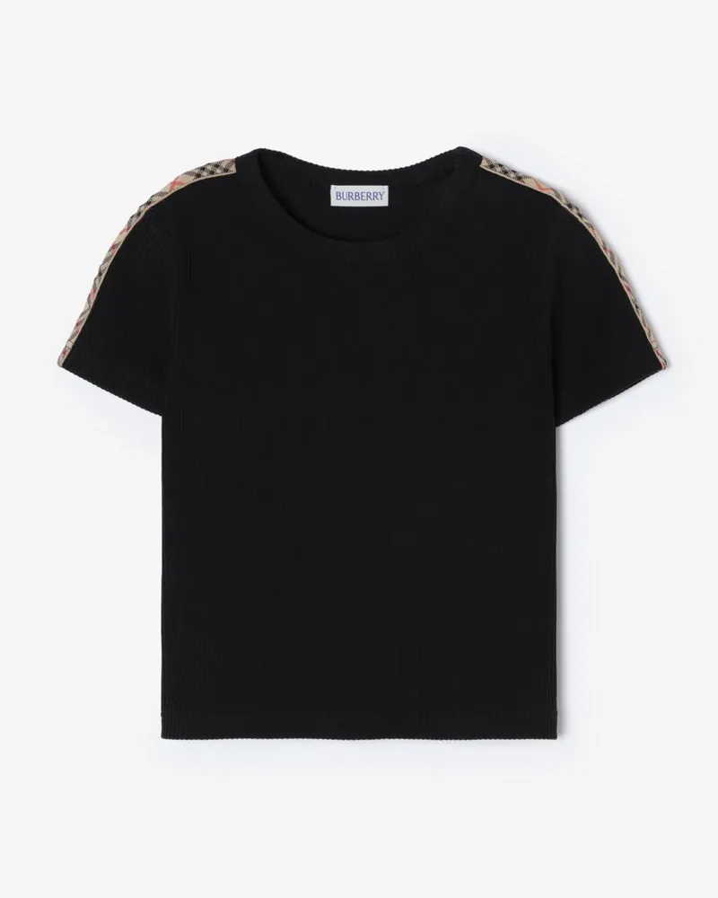Burberry Stretchbaumwoll-T-Shirt mit Check-Besatz , Size Black