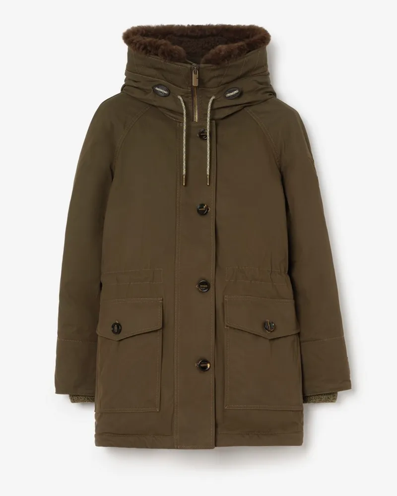Burberry Gabardine-Parka mit Lammfell-Besatz , Size Green-grün