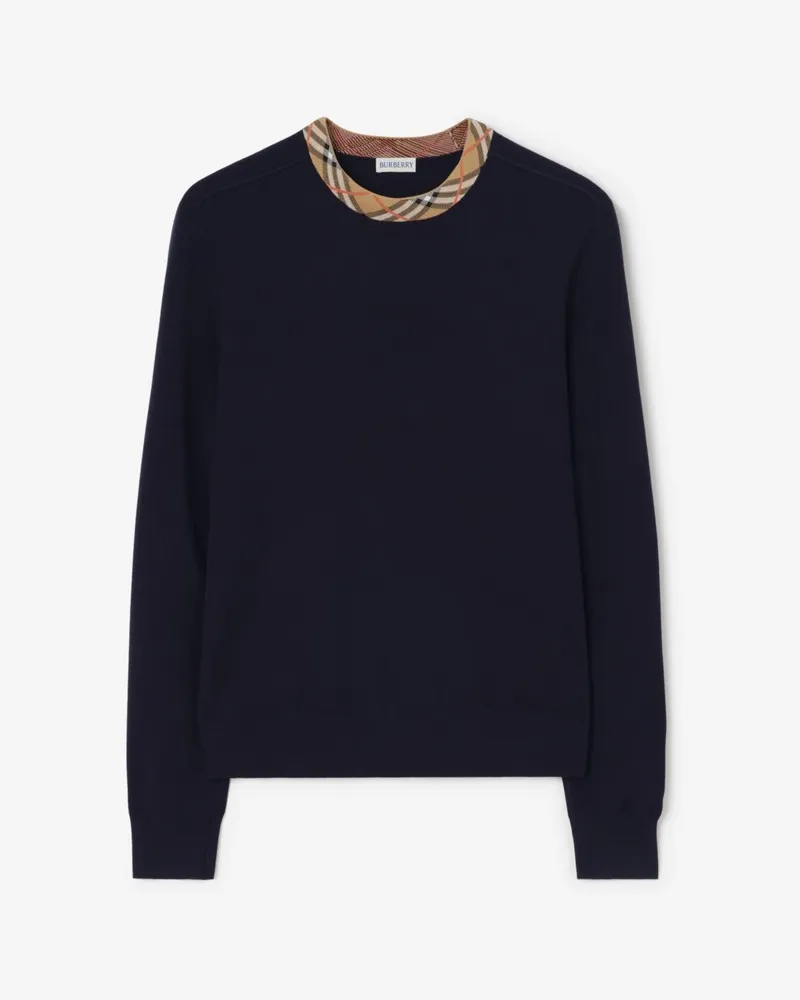 Burberry Wollpullover mit Check-Besatz , Size Navy