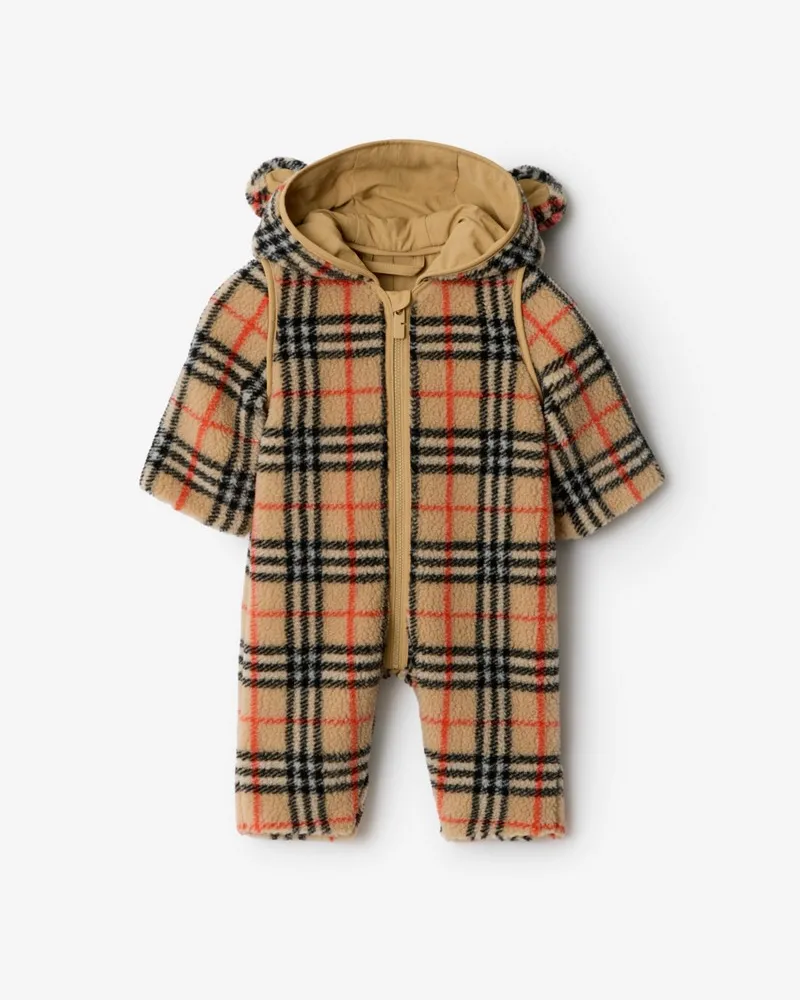 Burberry Fleece-Strampelanzug in Check mit Kapuze , Size Sand