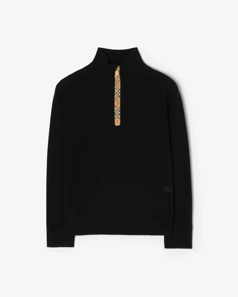 Burberry Wollpullover mit Check-Besatz und halblangem Reißverschluss , Size Schwarz