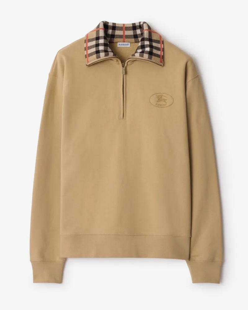 Burberry Baumwollsweatshirt mit Check-Kragen und halblangem Reißverschluss Flachsfarben