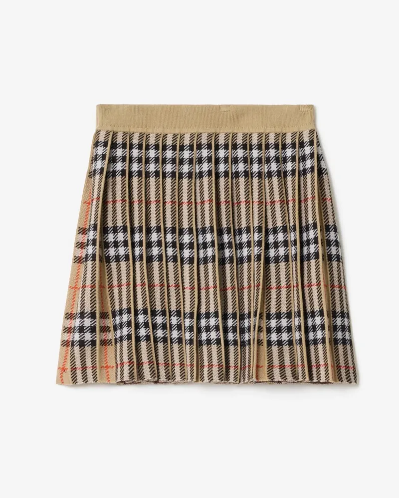 Burberry Wollmisch-Faltenrock in Check , Size Sand-beige