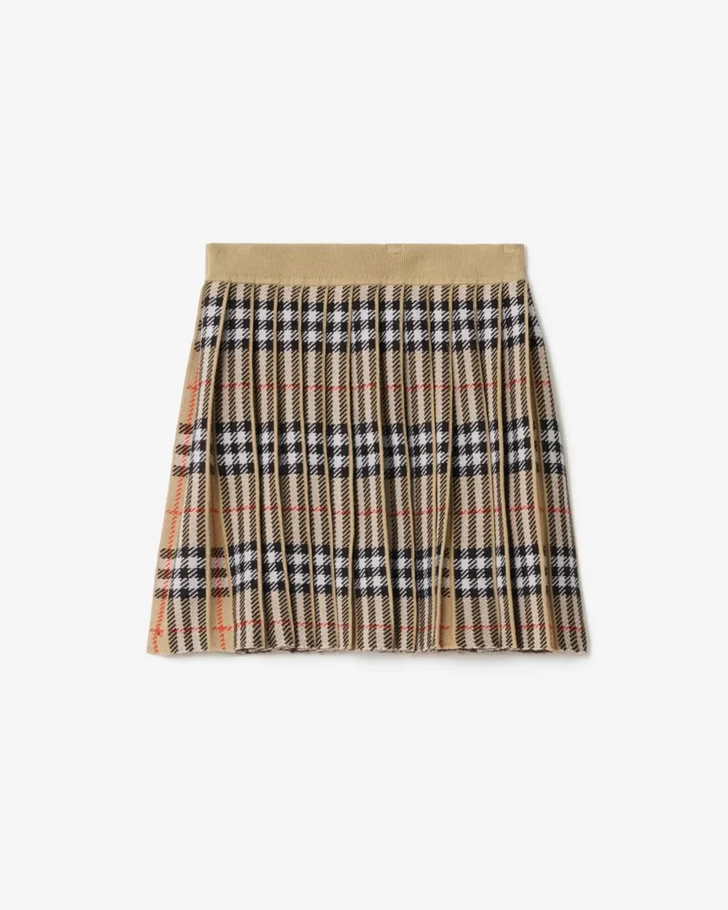 Burberry Wollmisch-Faltenrock in Check , Size Sand-beige