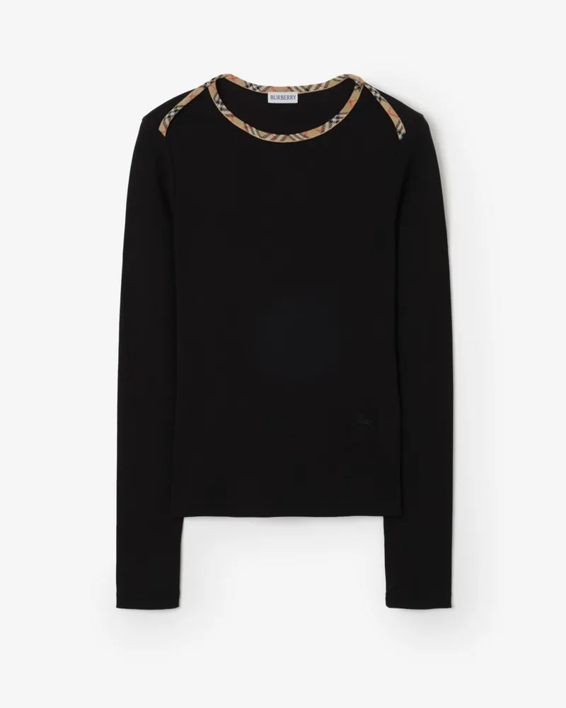 Burberry Langärmeliges Baumwoll-T-Shirt mit Check-Besatz , Size Black