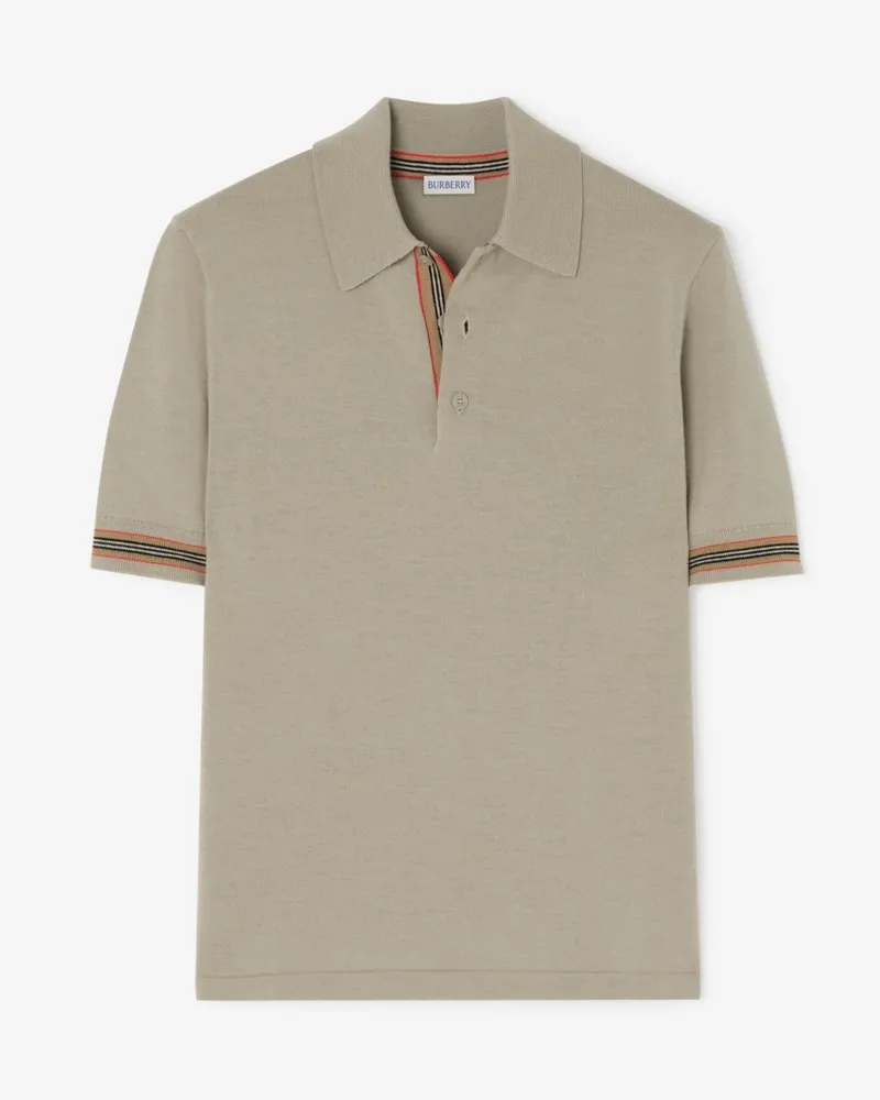 Burberry Woll-Poloshirt mit Streifenbesatz Lichen-beige