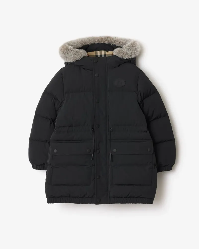 Burberry Wattierter Nylonmantel mit Kunstpelzbesatz , Size Schwarz