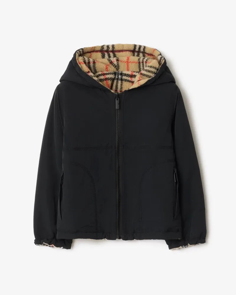 Burberry Wendbare Fleece-Kapuzenjacke in Check , Size Schwarz