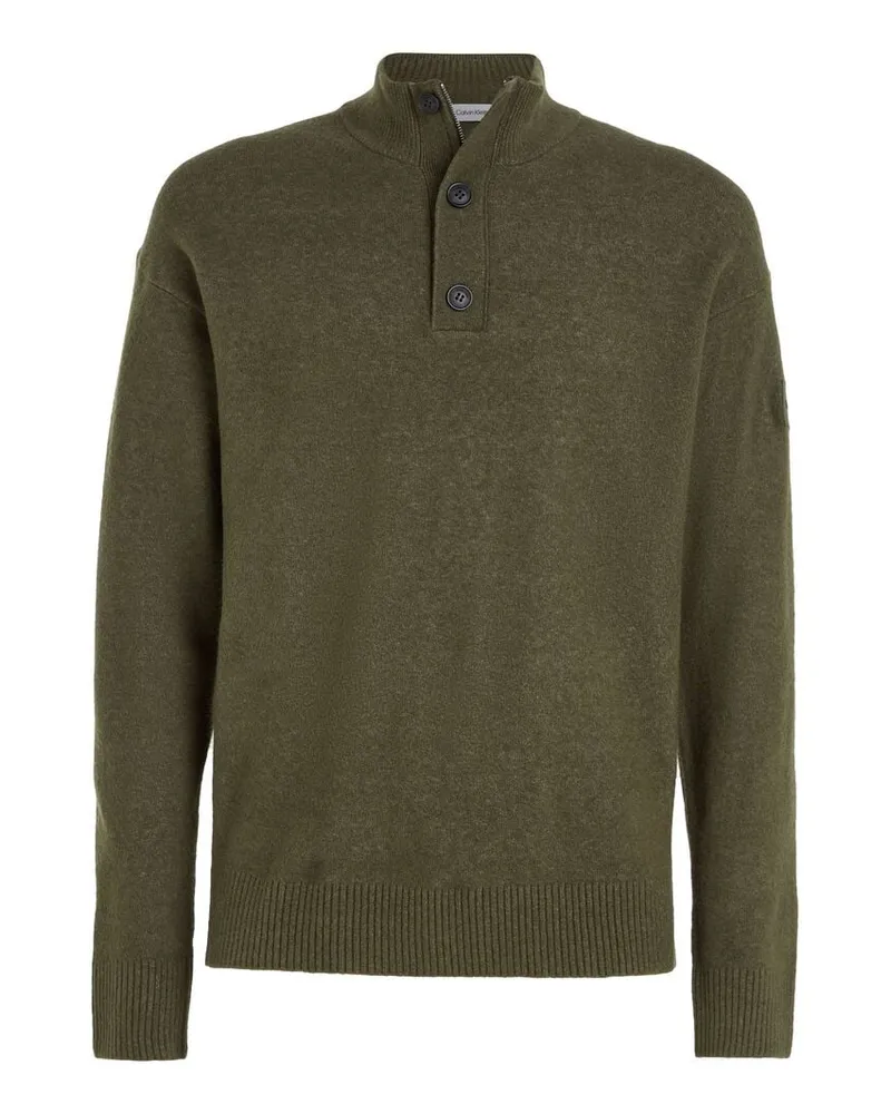 Calvin Klein Herren Strickpullover Troyer mit Knopfleiste und Reißverschluss Oliv