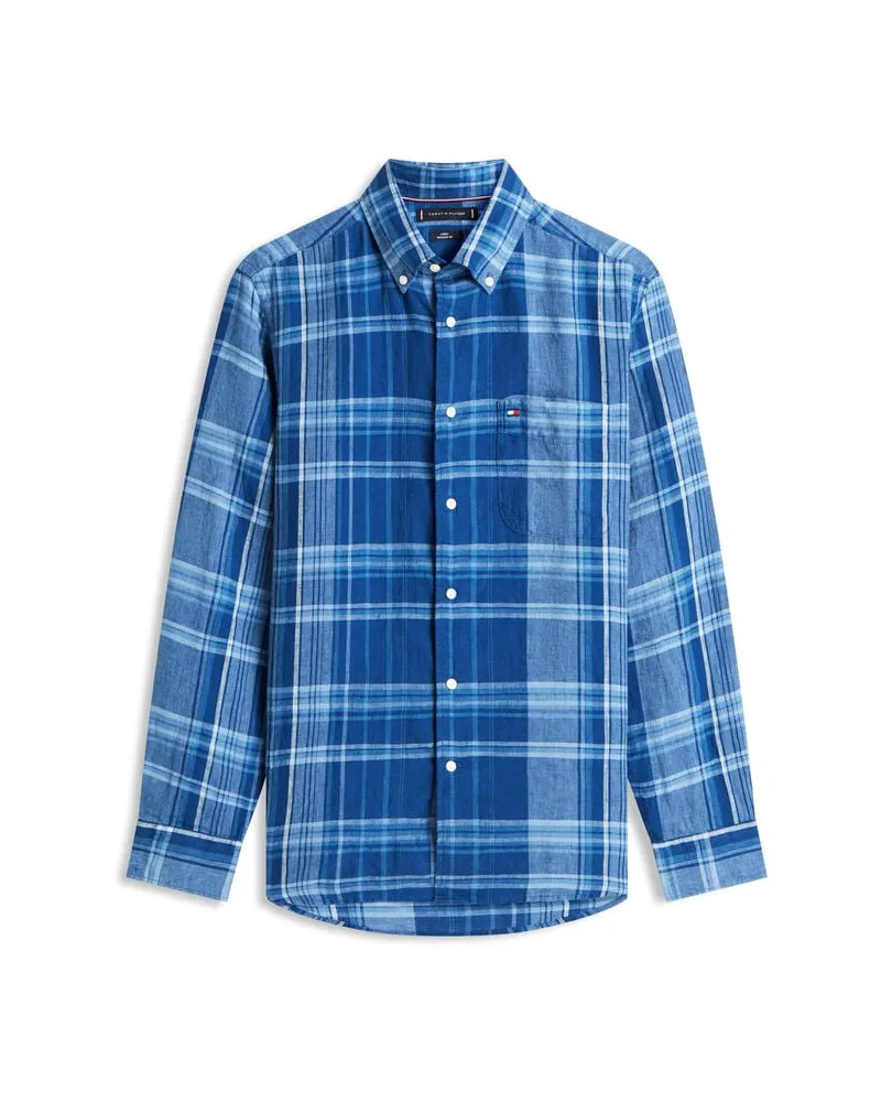 Tommy Hilfiger Herren Hemd LINEN SUMMER MADRAS Regular Fit Blau