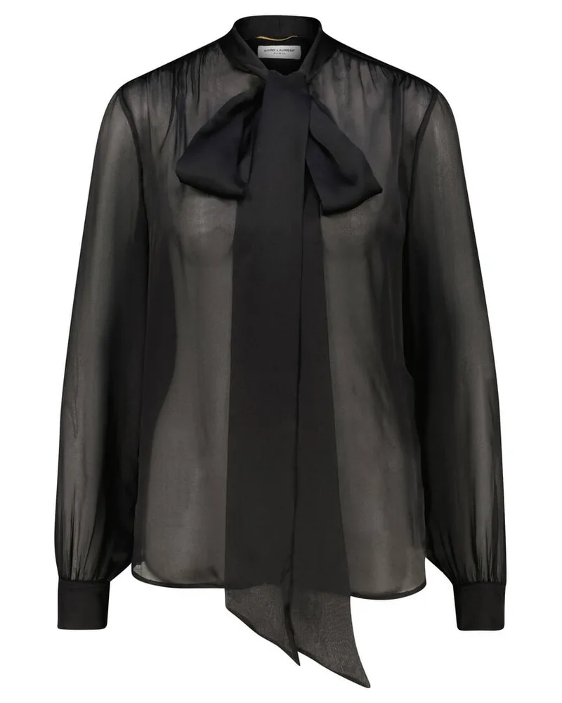 Saint Laurent Damen Seidenbluse mit Schleifenkragen Schwarz
