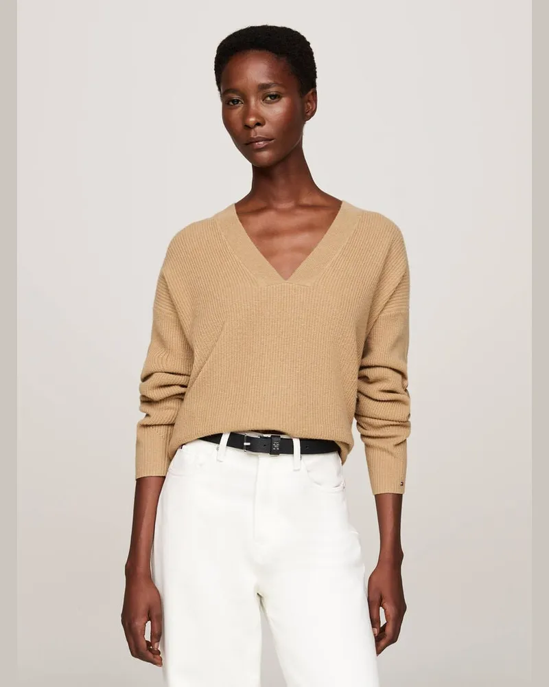 Tommy Hilfiger Damen Strickpullover aus Wolle mit Kaschmir Relaxed Fit Camel