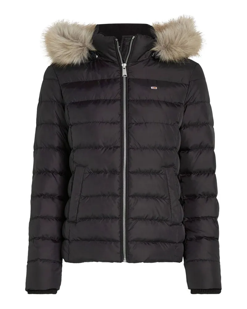 Tommy Hilfiger Damen Daunenjacke mit Kapuze und Kunstpelzbesatz Slim Fit Schwarz