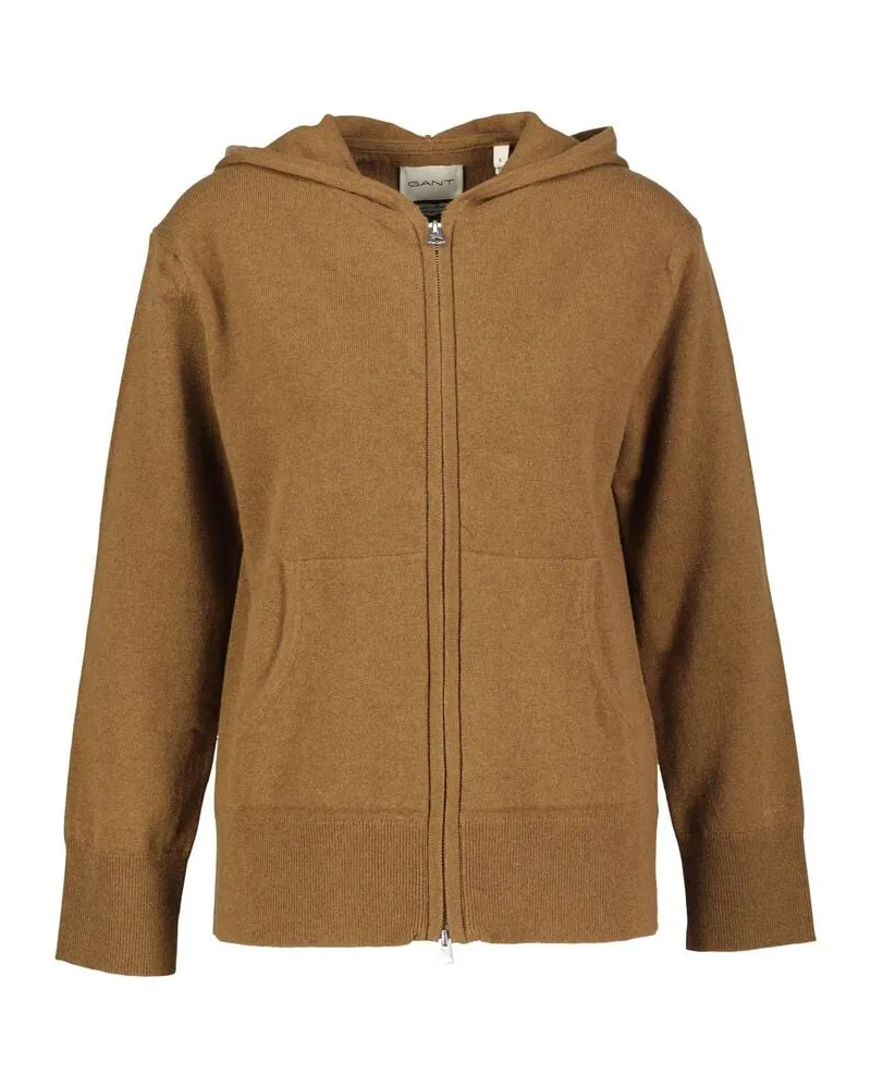 Gant Damen Strickjacke aus Wolle mit Kapuze Relaxed Fit Khaki
