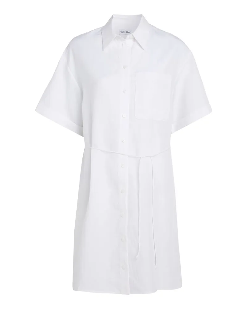 Calvin Klein Damen Hemdblusenkleid mit Leinen Relaxed Fit Weiss