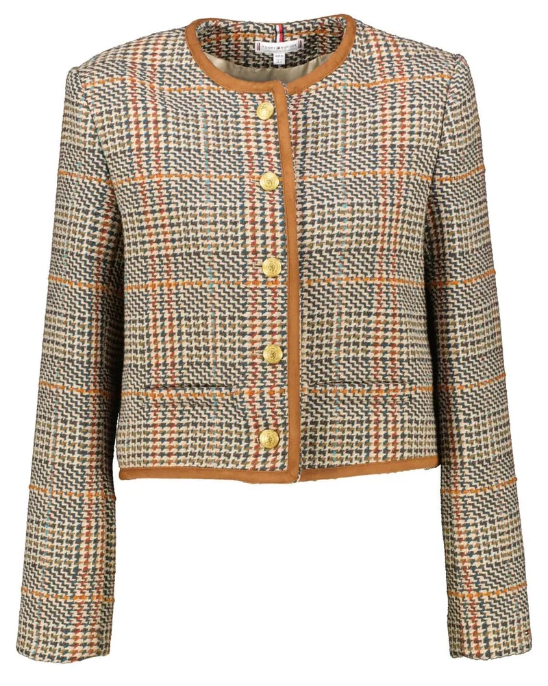 Tommy Hilfiger Damen Blazer mit Wolle TWEED WOOL MIX CHECK CREW JACKET Braun