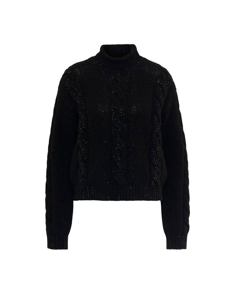 Maison Common Damen Strickpullover mit Zopfmuster und Fransendetails Schwarz