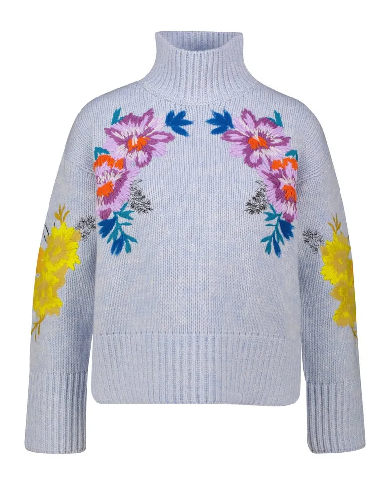 Maison Common Damen Strickpullover aus Schurwoll-Kaschmir-Mix mit Blumenstickerei Bleu