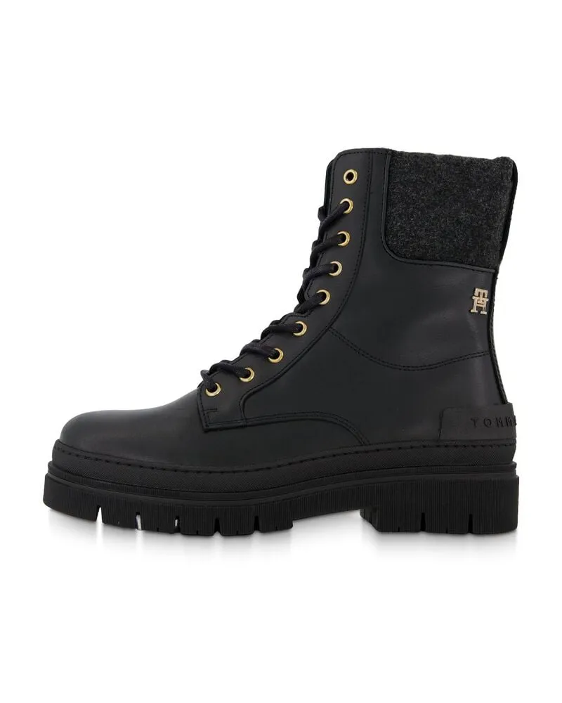 Tommy Hilfiger Damen Schnürboots FEMININE FELT LACE UP BOOTIE aus Leder Schwarz