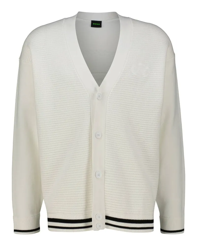 HUGO BOSS Herren Strickjacke Baumwolle-Lyocell-Mix K_MESH HERITAGE Weiss