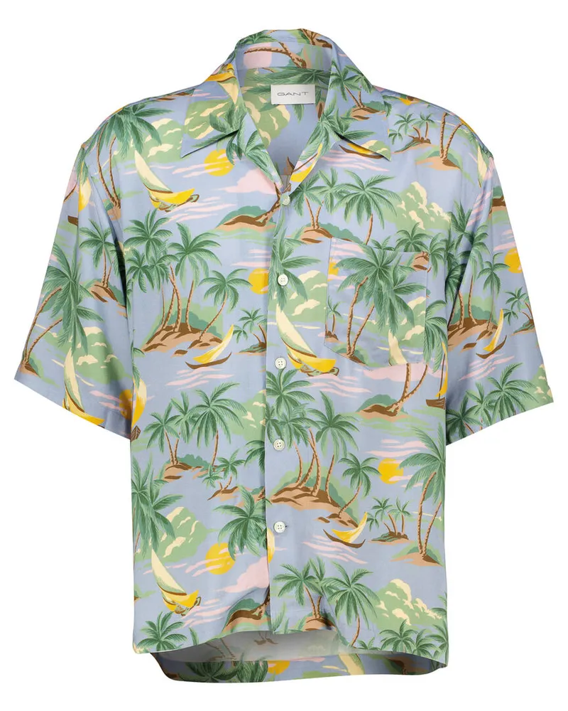 Gant Herren Hawaiihemd aus Viskose Relaxe Fit Kurzarm Blau