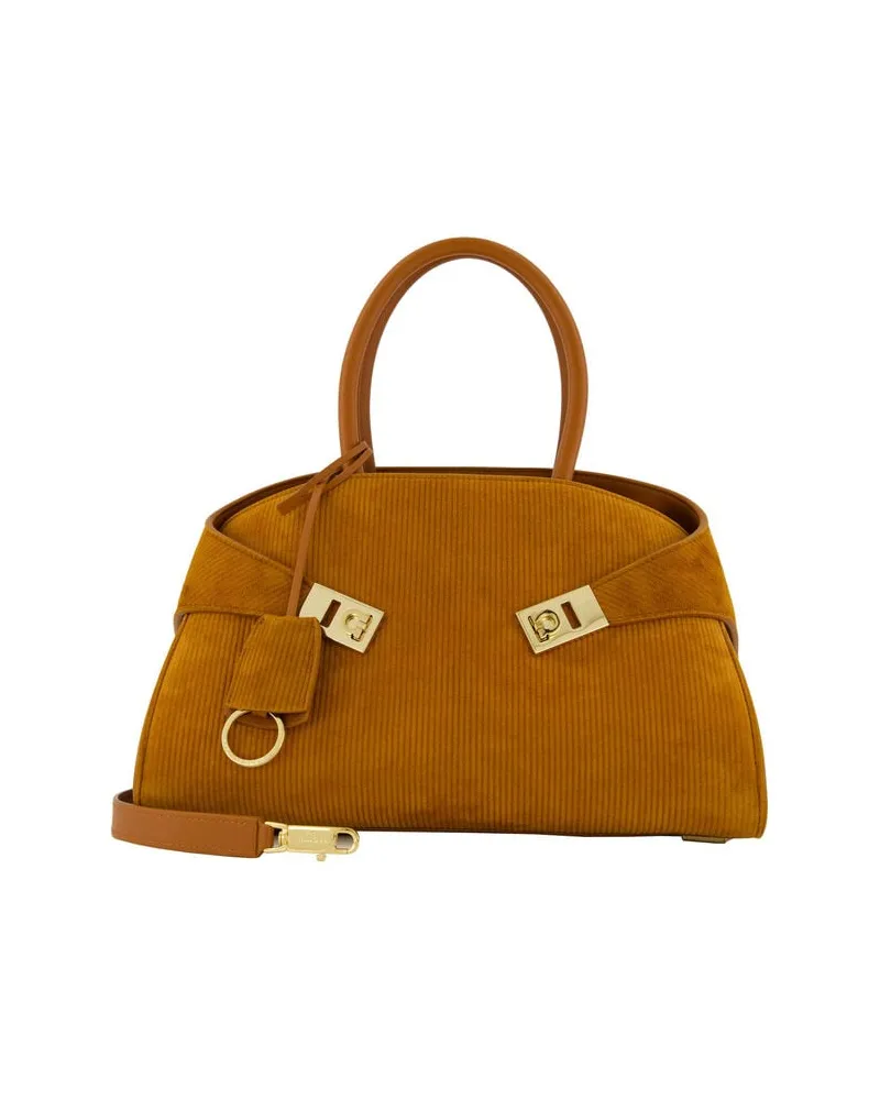 Ferragamo Damen Henkeltasche aus Kalbsleder HUG SUEDE CORDUROY Nougat