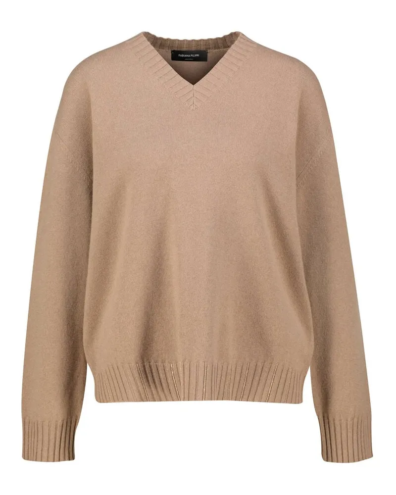 Fabiana Filippi Damen Strickpullover mit Schmuckstein-Besatz Camel