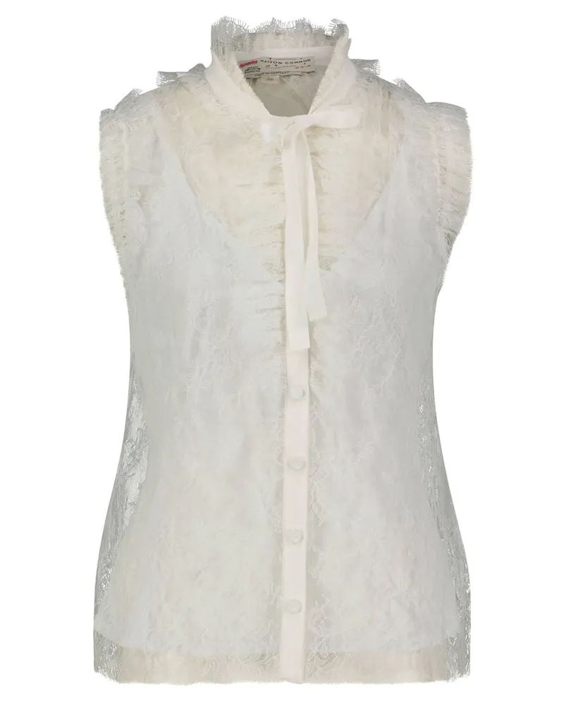 Maison Common Damen Spitzenbluse mit Schleife Weiss