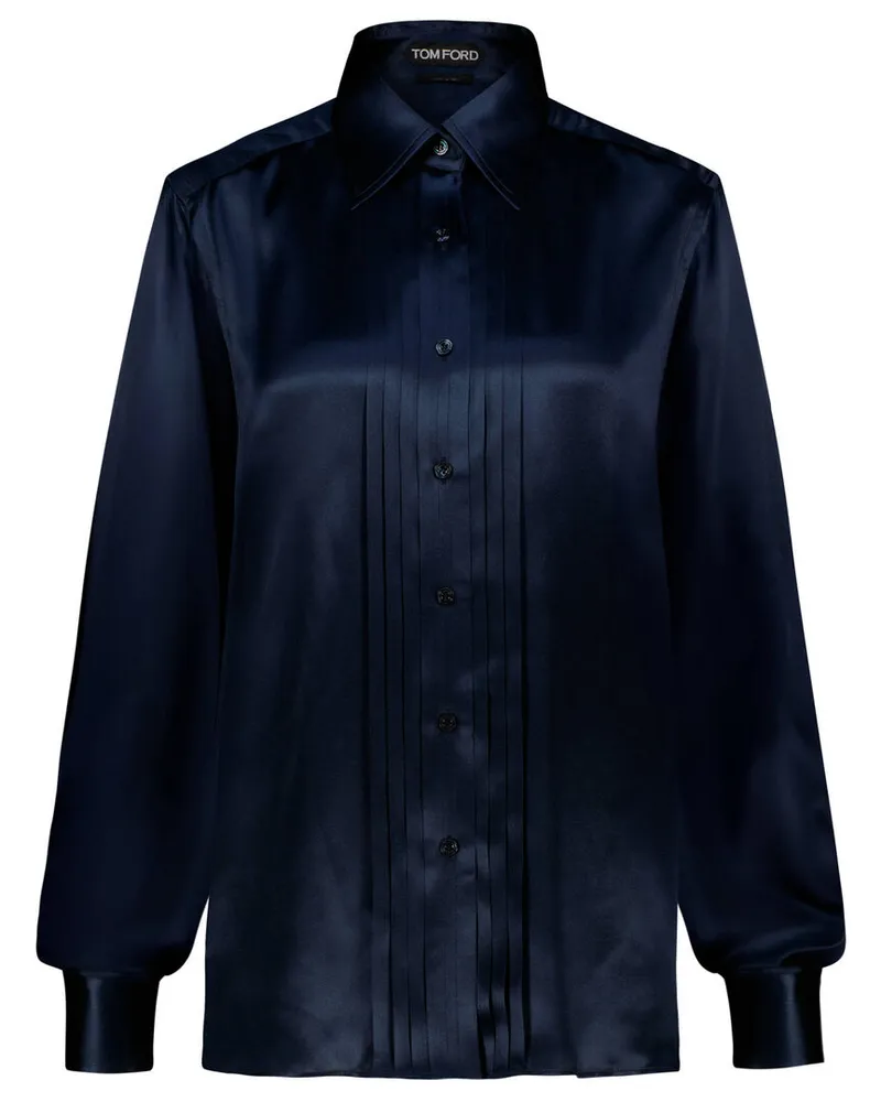 Tom Ford Damen Seidenbluse mit Plisse-Plastron Marine