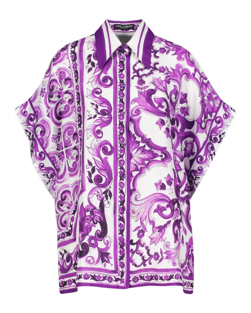 Dolce & Gabbana Damen Seidenbluse aus Twill mit Majolika-Print Lila