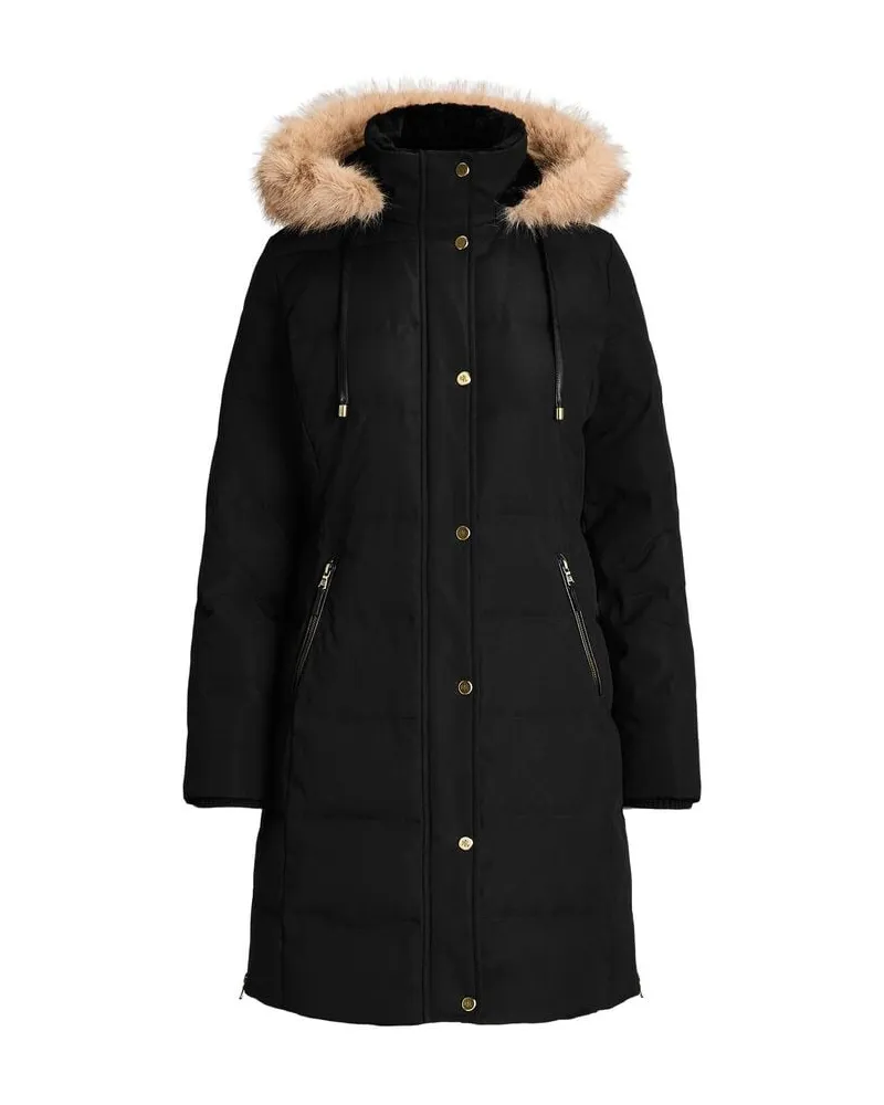 Ralph Lauren Damen Daunenmantel kurz mit Kapuze und Kunstpelz Schwarz