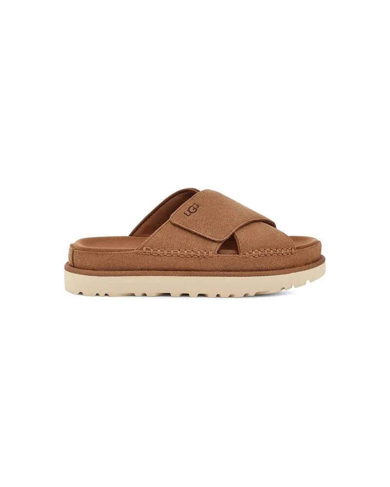 UGG Damen Pantoletten GOLDENSTAR CROSS SLIDE mit Leder Nougat