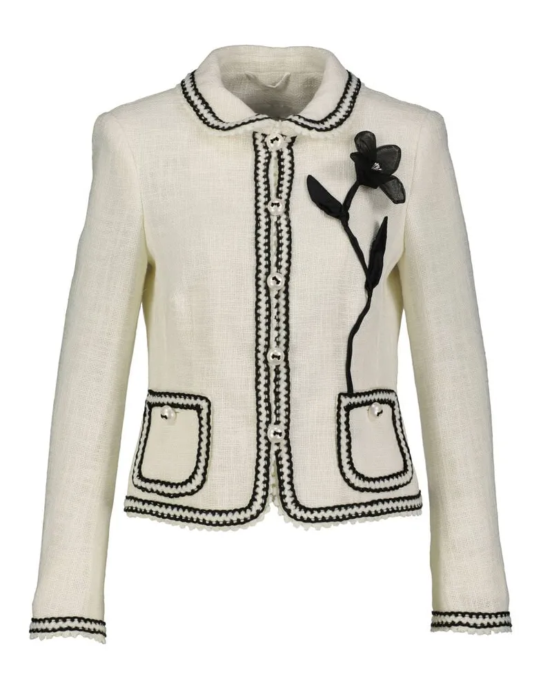 Maison Common Damen Blazerjacke aus Tweed mit Blumenapplikation Weiss