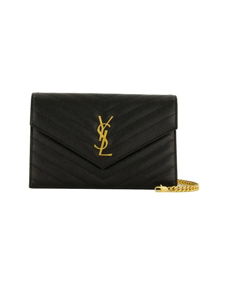 Saint Laurent Damen Geldbörse WALLET ON CHAIN MONO GRAIN Kompakte Form aus Leder Schwarz