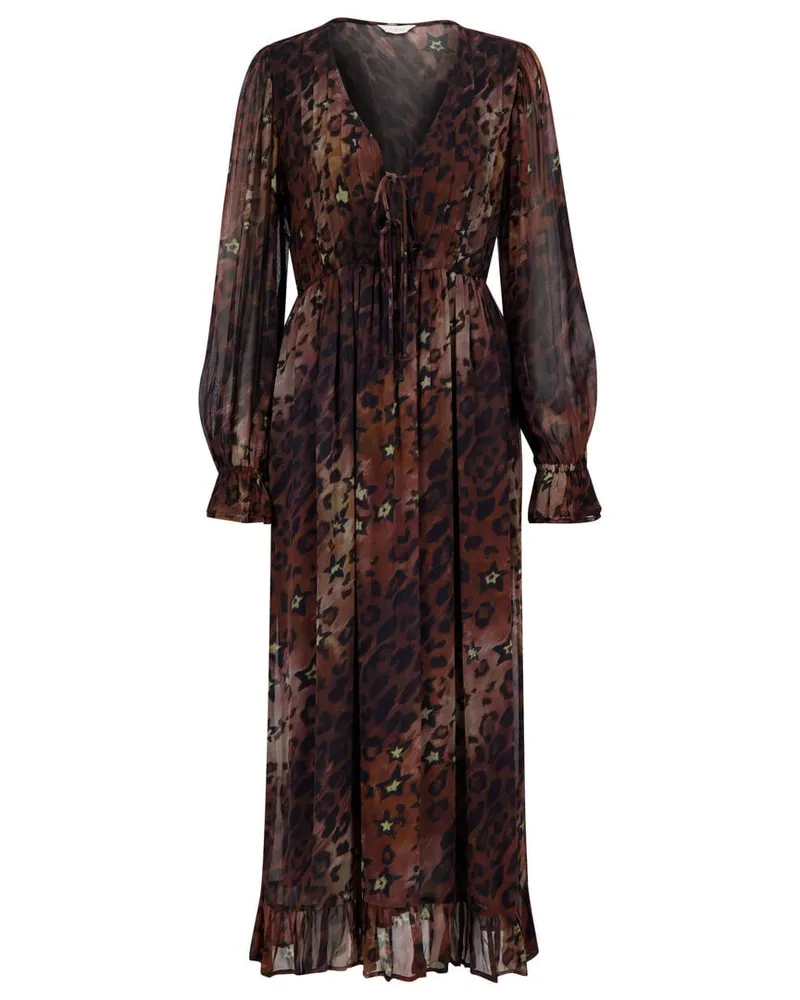 Frogbox Damen Chiffonkleid in Maxilänge LONG DRESS STAR LEO ALLOVER Braun